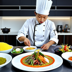 **Data Chef:** A skilled chef in a modern kitchen, artfully arranging data streams (represented as colorful ingredients) on a plate. The overall aesthetic should be clean, bright, and emphasize the transformation of raw data into valuable insights. Incorporate elements of Thai cuisine and ingredients for localization.