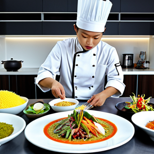 **Data Chef:** A skilled chef in a modern kitchen, artfully arranging data streams (represented as colorful ingredients) on a plate. The overall aesthetic should be clean, bright, and emphasize the transformation of raw data into valuable insights. Incorporate elements of Thai cuisine and ingredients for localization.