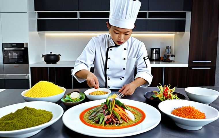 **Data Chef:** A skilled chef in a modern kitchen, artfully arranging data streams (represented as colorful ingredients) on a plate. The overall aesthetic should be clean, bright, and emphasize the transformation of raw data into valuable insights. Incorporate elements of Thai cuisine and ingredients for localization.